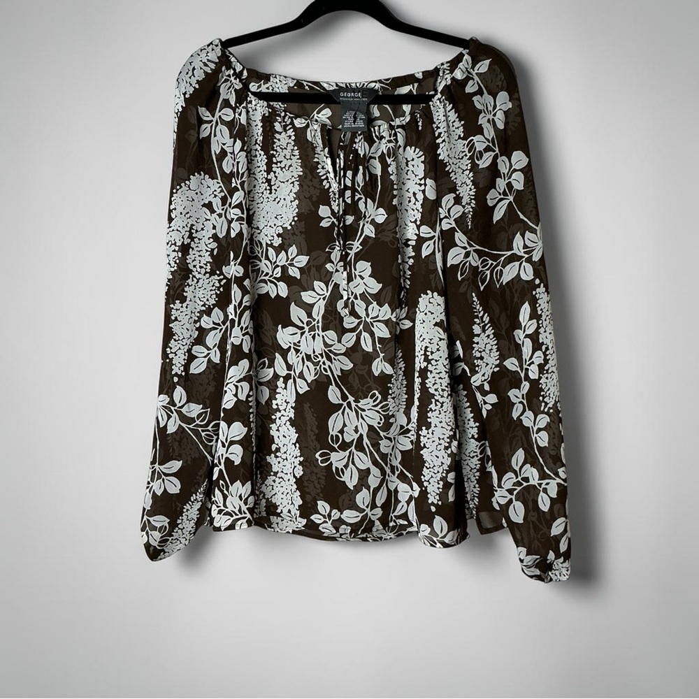 George Sheer Floral Blouse Brown Cream Oversized Long Sleeve Size L